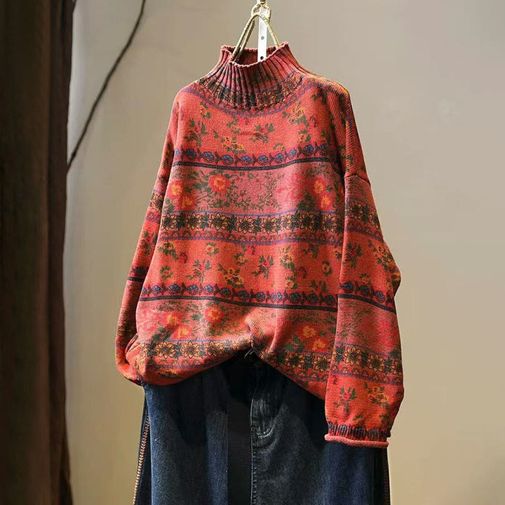 Sweter damski z bawełny z długim rękawem i okrągłym dekoltem w kwiaty w kolorze białym z Buddha Stones - Pomarańczowo-czerwony - US4-6, UK/AU8-10, EU36-38 (F) - image 13