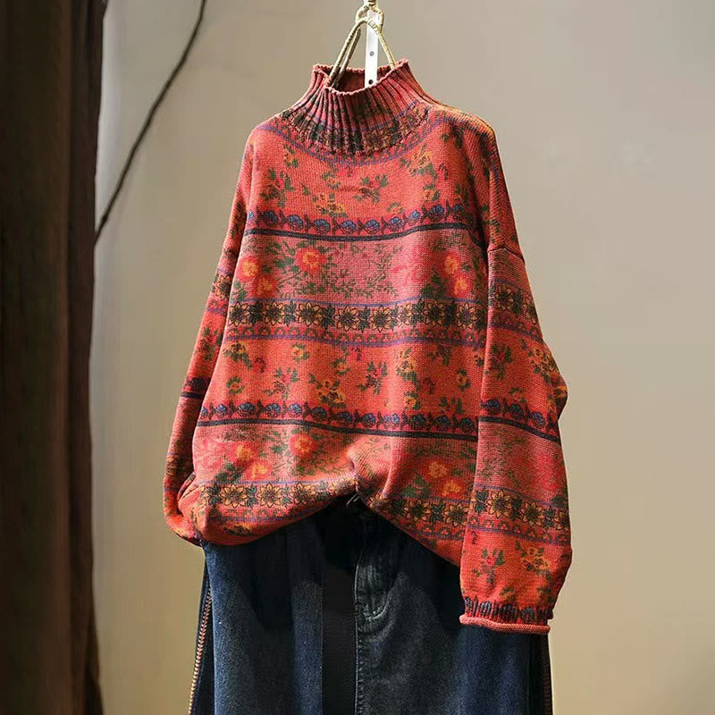 Sweter damski z bawełny z długim rękawem i okrągłym dekoltem w kwiaty w kolorze białym z Buddha Stones - Pomarańczowo-czerwony - US4-6, UK/AU8-10, EU36-38 (F) - image 13