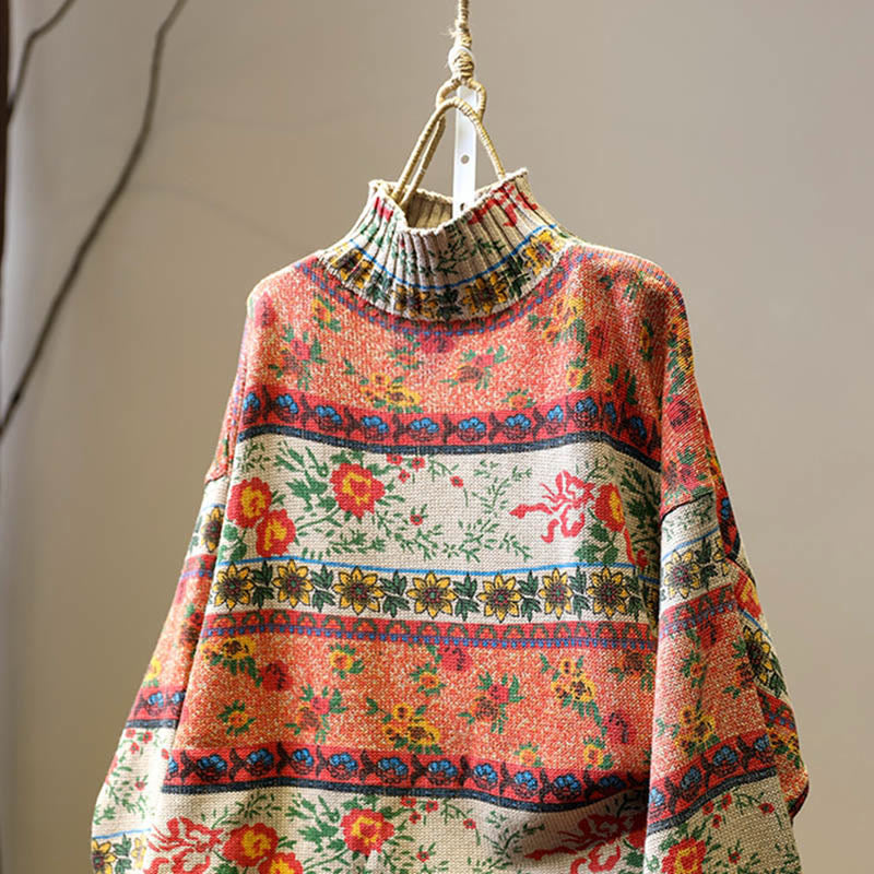 Sweter damski z bawełny z długim rękawem i okrągłym dekoltem w kwiaty w kolorze białym z Buddha Stones - image 1