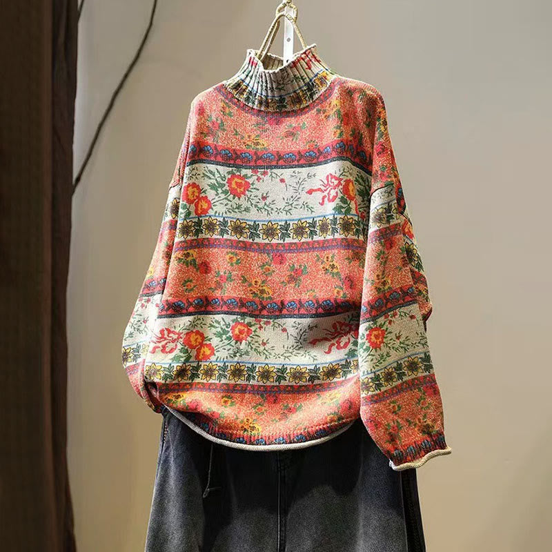 Sweter damski z bawełny z długim rękawem i okrągłym dekoltem w kwiaty w kolorze białym z Buddha Stones - Koral - US4-6, UK/AU8-10, EU36-38 (F) - image 0