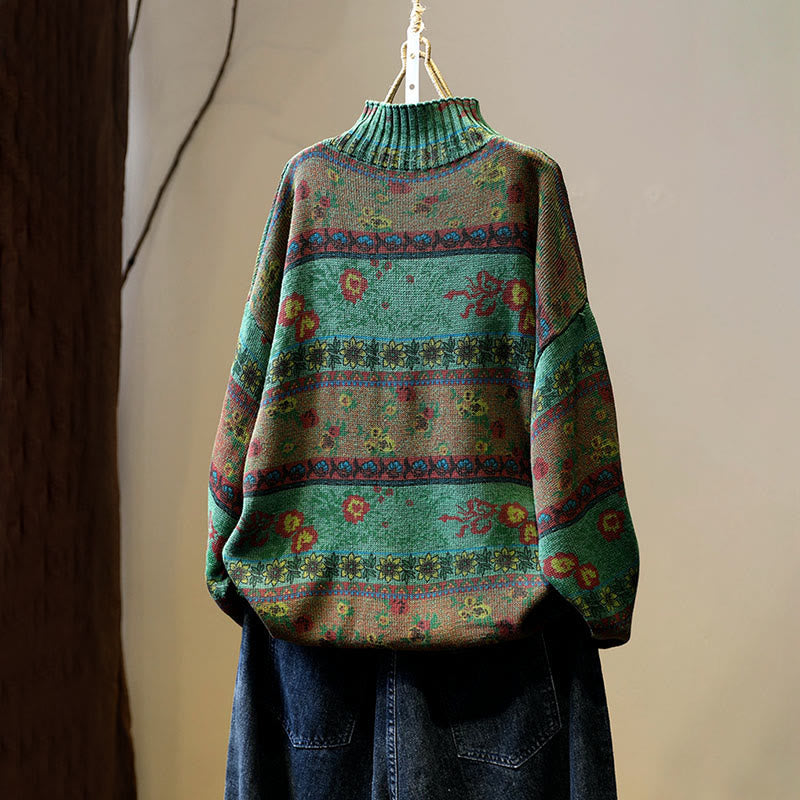 Sweter damski z bawełny z długim rękawem i okrągłym dekoltem w kwiaty w kolorze białym z Buddha Stones - image 3