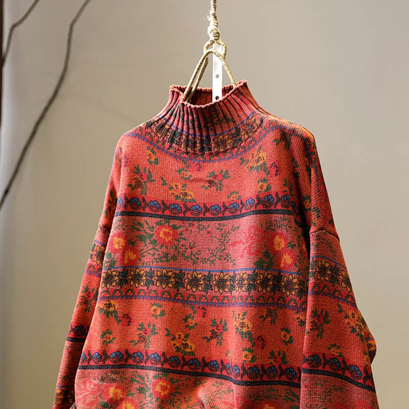 Sweter damski z bawełny z długim rękawem i okrągłym dekoltem w kwiaty w kolorze białym z Buddha Stones - image 14