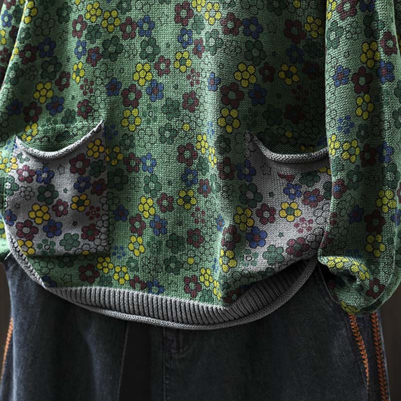 Sweter damski z długim rękawem z dzianiny bawełnianej z kolorowymi kwiatami i motywem Buddha Stones z kieszeniami - image 7