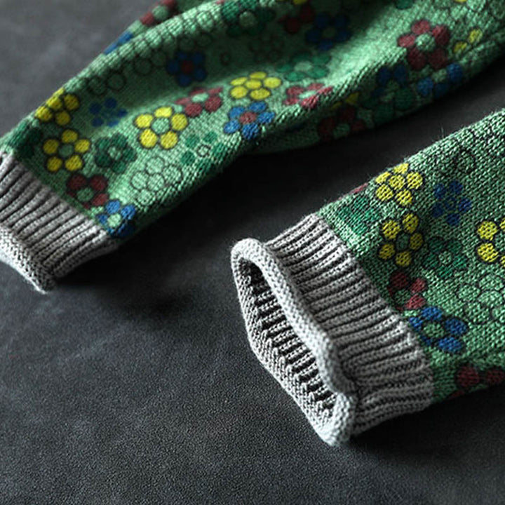 Sweter damski z długim rękawem z dzianiny bawełnianej z kolorowymi kwiatami i motywem Buddha Stones z kieszeniami - image 11