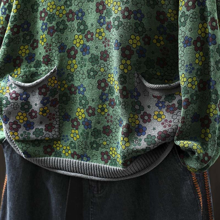 Sweter damski z długim rękawem z dzianiny bawełnianej z kolorowymi kwiatami i motywem Buddha Stones z kieszeniami - image 7