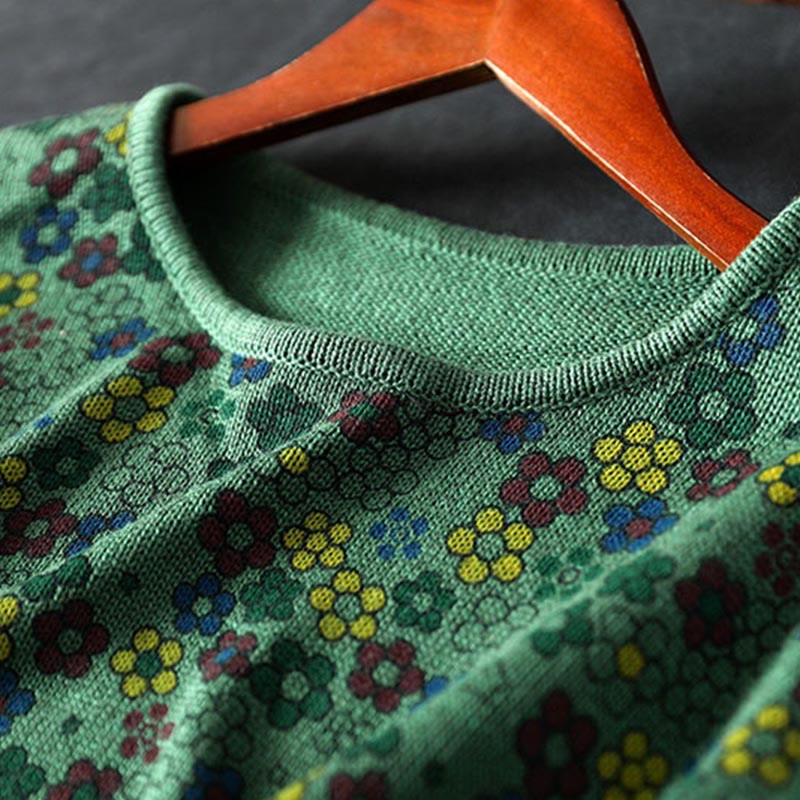 Sweter damski z długim rękawem z dzianiny bawełnianej z kolorowymi kwiatami i motywem Buddha Stones z kieszeniami - image 6