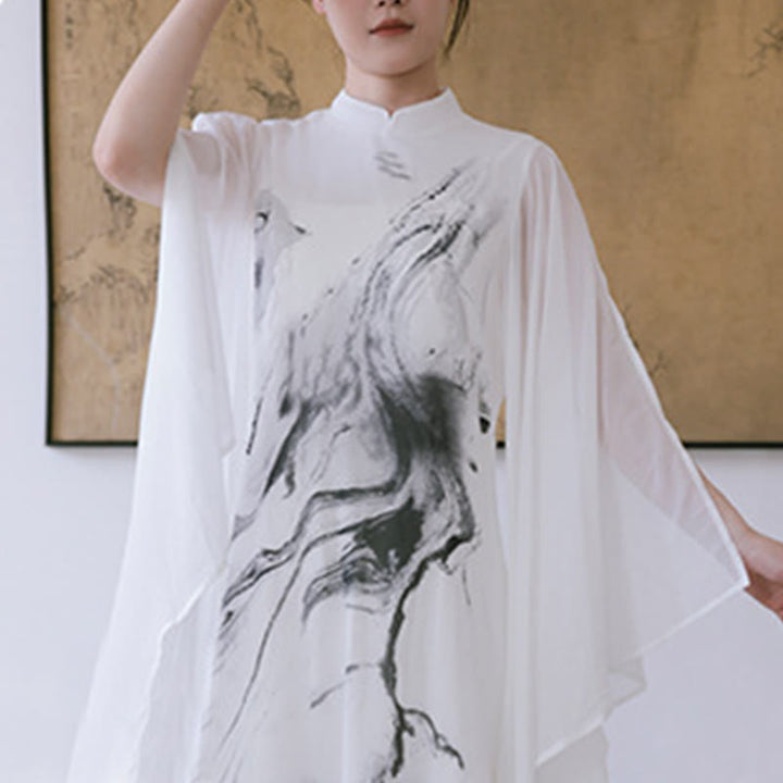 Spodnie damskie do medytacji midi z krótkim rękawem i nadrukiem w białe Buddha Stones, odzież zen - image 11