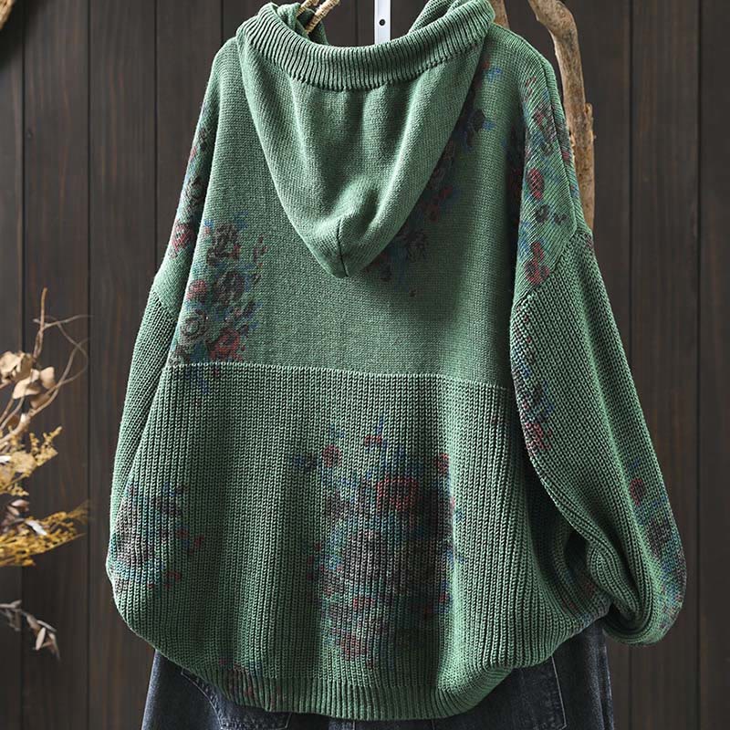 Damski sweter z długim rękawem i kapturem, dzianinowy, kwiatowy, z Buddha Stones - image 13