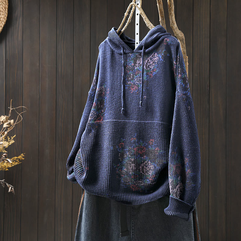 Damski sweter z długim rękawem i kapturem, dzianinowy, kwiatowy, z Buddha Stones - Ciemnoniebieski - US4-6, UK/AU8-10, EU36-38 (F) - image 20