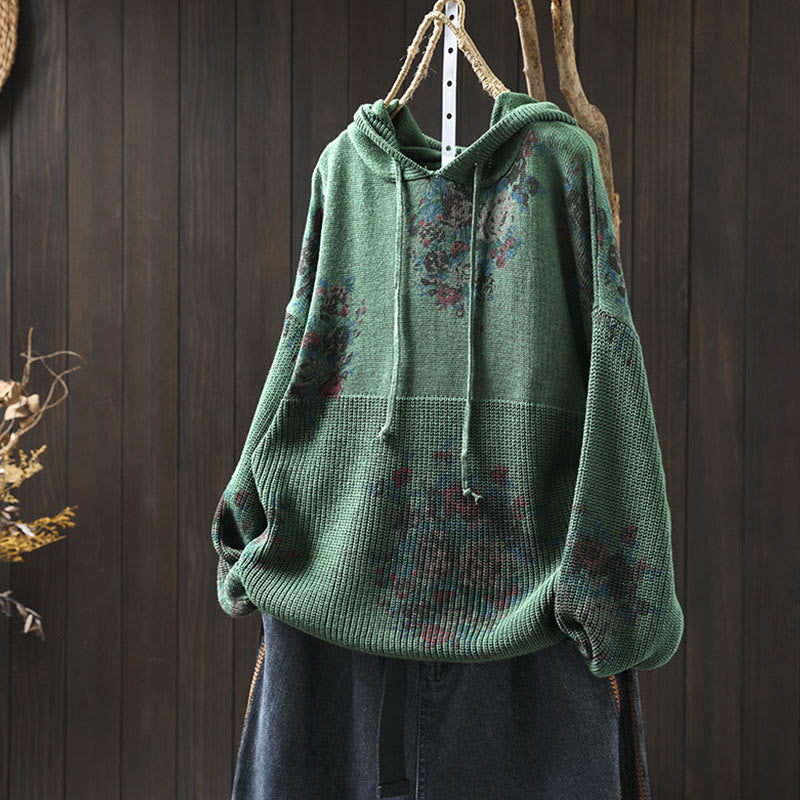 Damski sweter z długim rękawem i kapturem, dzianinowy, bawełniany, z motywem kwiatowym , z Buddha Stones - MediumSeaGreen - US4-6, UK/AU8-10, EU36-38 (F) - image 10