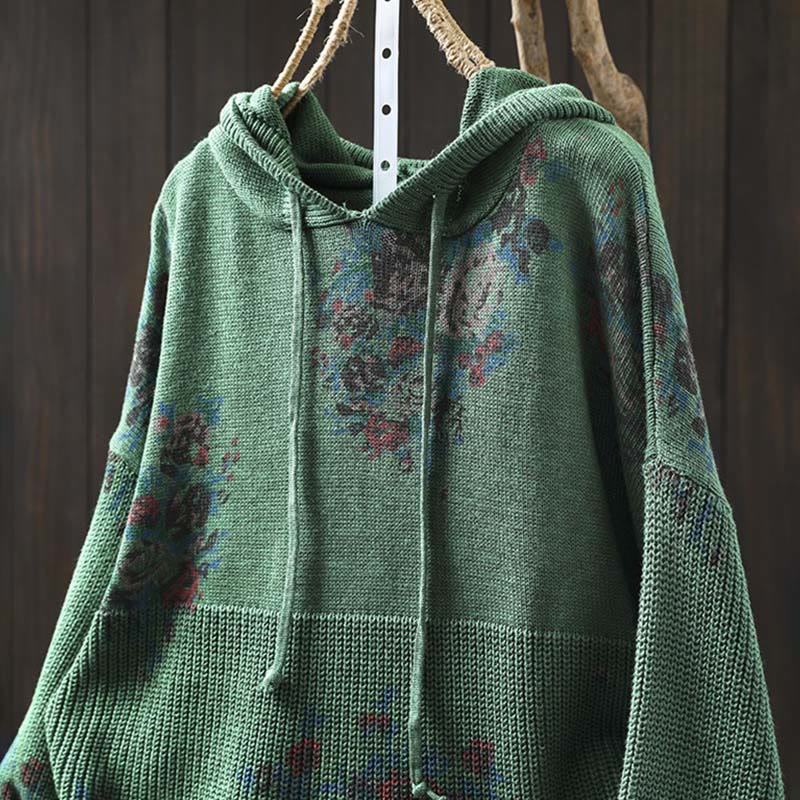 Damski sweter z długim rękawem i kapturem, dzianinowy, kwiatowy, z Buddha Stones - image 14