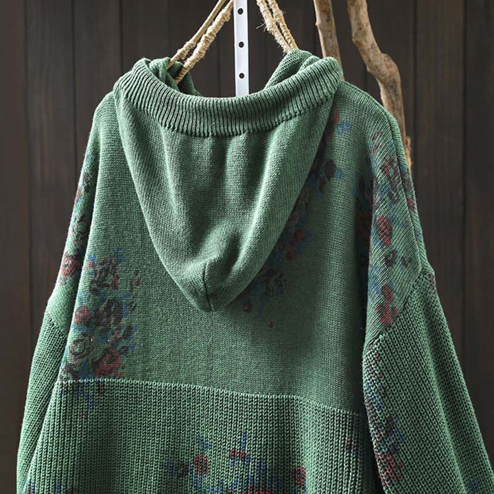 Damski sweter z długim rękawem i kapturem, dzianinowy, kwiatowy, z Buddha Stones - image 15