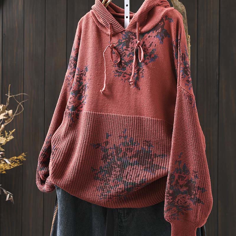 Damski sweter z długim rękawem i kapturem, dzianinowy, kwiatowy, z Buddha Stones - image 4