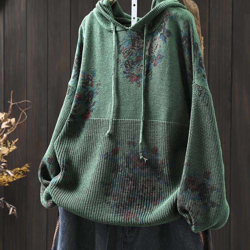 Damski sweter z długim rękawem i kapturem, dzianinowy, kwiatowy, z Buddha Stones - image 12