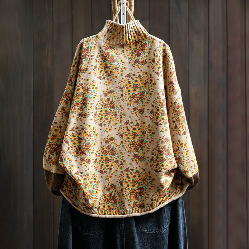 Sweter damski z dzianiny Buddha Stones z kwiatowym wzorem, prążkowanym brzegiem i długim rękawem, z golfem - image 1