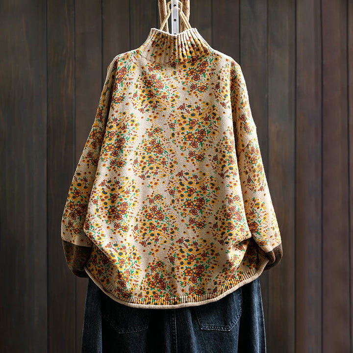 Sweter damski z dzianiny Buddha Stones z kwiatowym wzorem, prążkowanym brzegiem i długim rękawem, z golfem - image 1