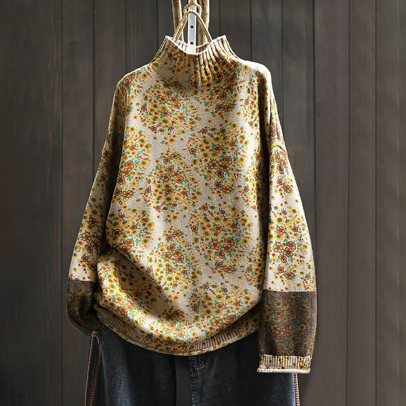 Sweter damski z dzianiny Buddha Stones z kwiatowym wzorem, prążkowanym brzegiem i długim rękawem, z golfem - PapayaWhip - US4-6, UK/AU8-10, EU36-38 (F) - image 0