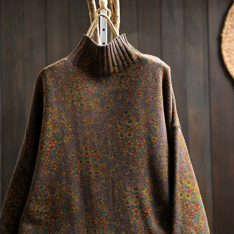 Sweter damski z dzianiny Buddha Stones z kwiatowym wzorem, prążkowanym brzegiem i długim rękawem, z golfem - image 15