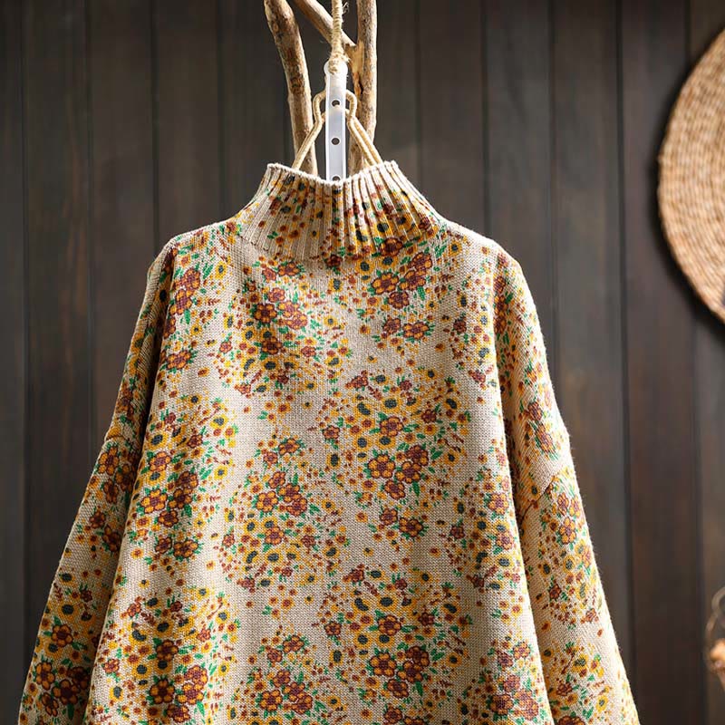 Sweter damski z dzianiny Buddha Stones z kwiatowym wzorem, prążkowanym brzegiem i długim rękawem, z golfem - image 4