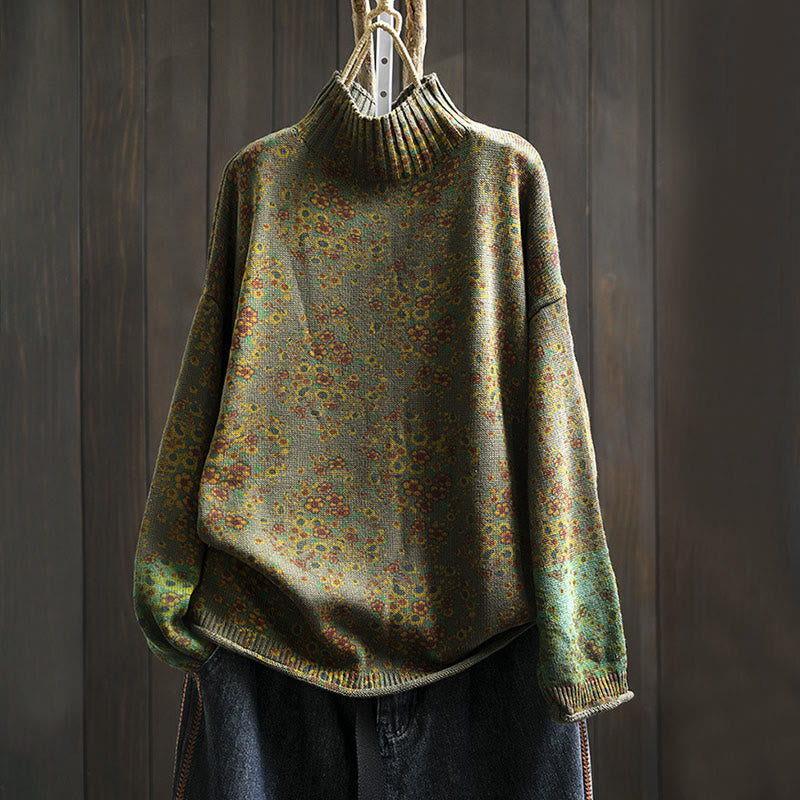 Sweter damski z dzianiny Buddha Stones z kwiatowym wzorem, prążkowanym brzegiem i długim rękawem, z golfem - Oliwka - US4-6, UK/AU8-10, EU36-38 (F) - image 20