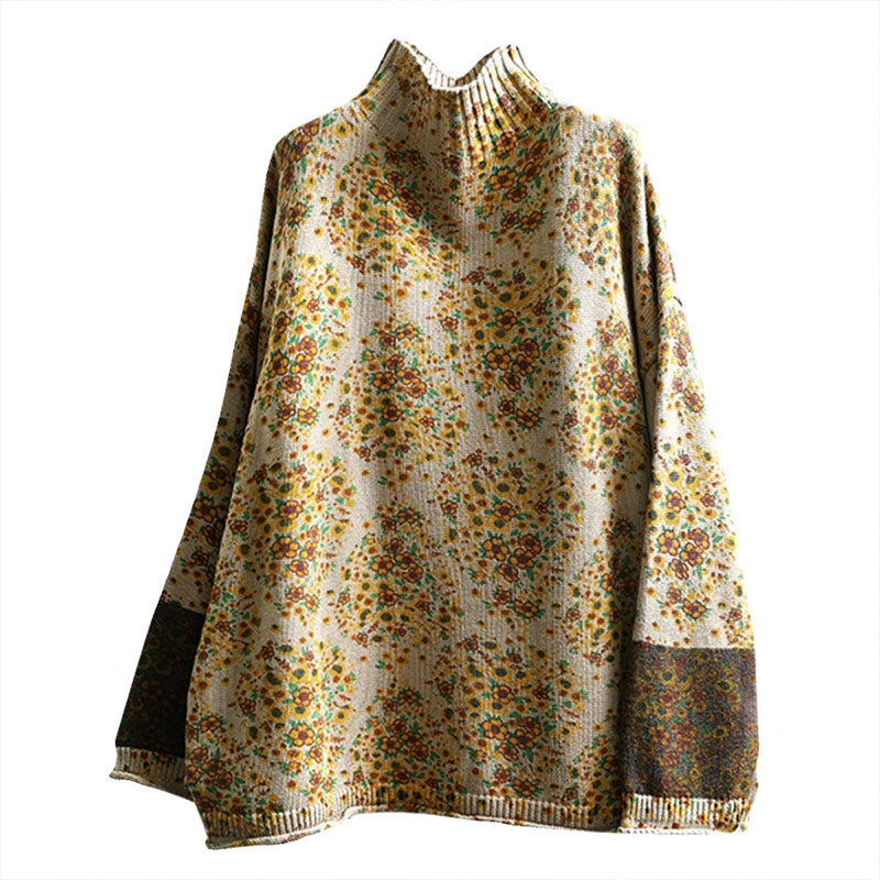 Sweter damski z dzianiny Buddha Stones z kwiatowym wzorem, prążkowanym brzegiem i długim rękawem, z golfem - image 11