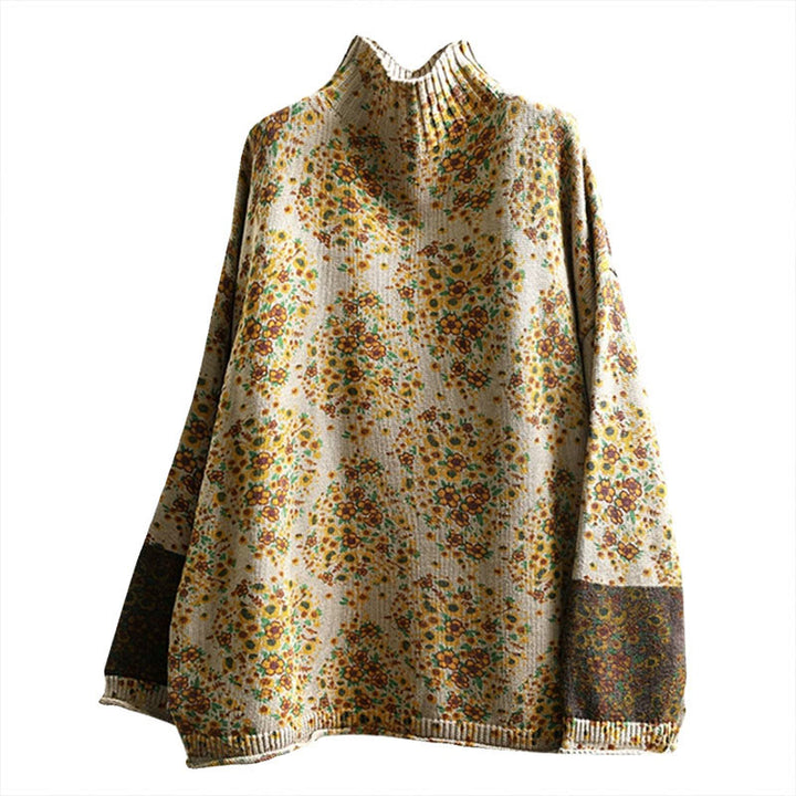 Sweter damski z dzianiny Buddha Stones z kwiatowym wzorem, prążkowanym brzegiem i długim rękawem, z golfem - image 11