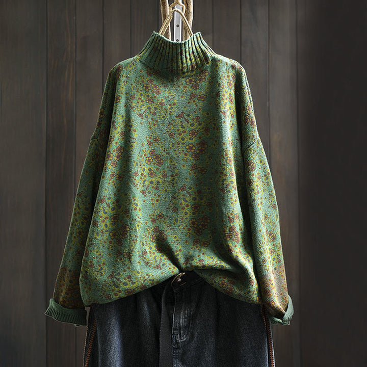 Sweter damski z dzianiny Buddha Stones z kwiatowym wzorem, prążkowanym brzegiem i długim rękawem, z golfem - SeaGreen - US4-6, UK/AU8-10, EU36-38 (F) - image 12