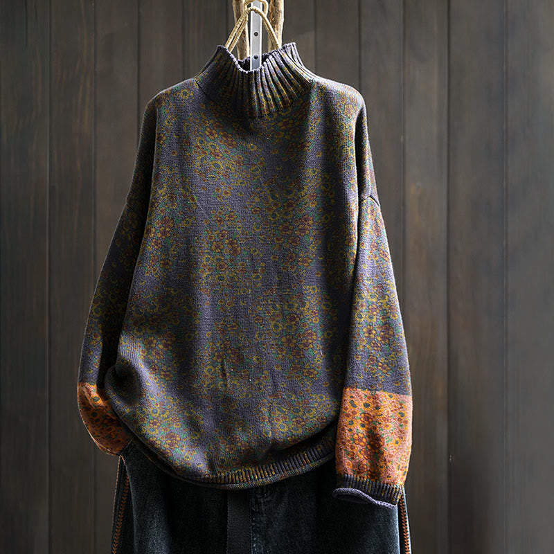 Sweter damski z dzianiny Buddha Stones z kwiatowym wzorem, prążkowanym brzegiem i długim rękawem, z golfem - Indygo - US4-6, UK/AU8-10, EU36-38 (F) - image 18