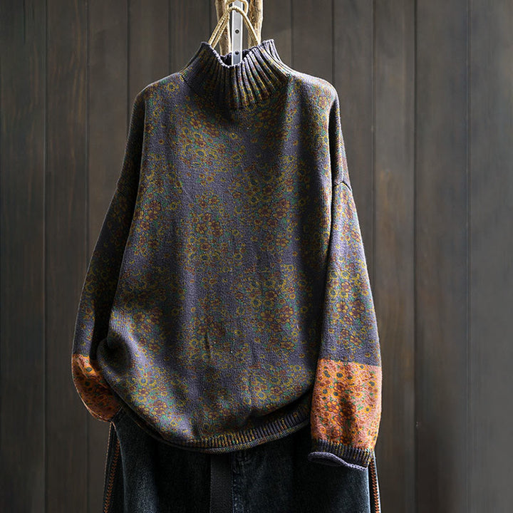 Sweter damski z dzianiny Buddha Stones z kwiatowym wzorem, prążkowanym brzegiem i długim rękawem, z golfem - Indygo - US4-6, UK/AU8-10, EU36-38 (F) - image 18