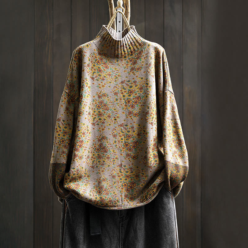 Sweter damski z dzianiny Buddha Stones z kwiatowym wzorem, prążkowanym brzegiem i długim rękawem, z golfem - Dębnik - US4-6, UK/AU8-10, EU36-38 (F) - image 16