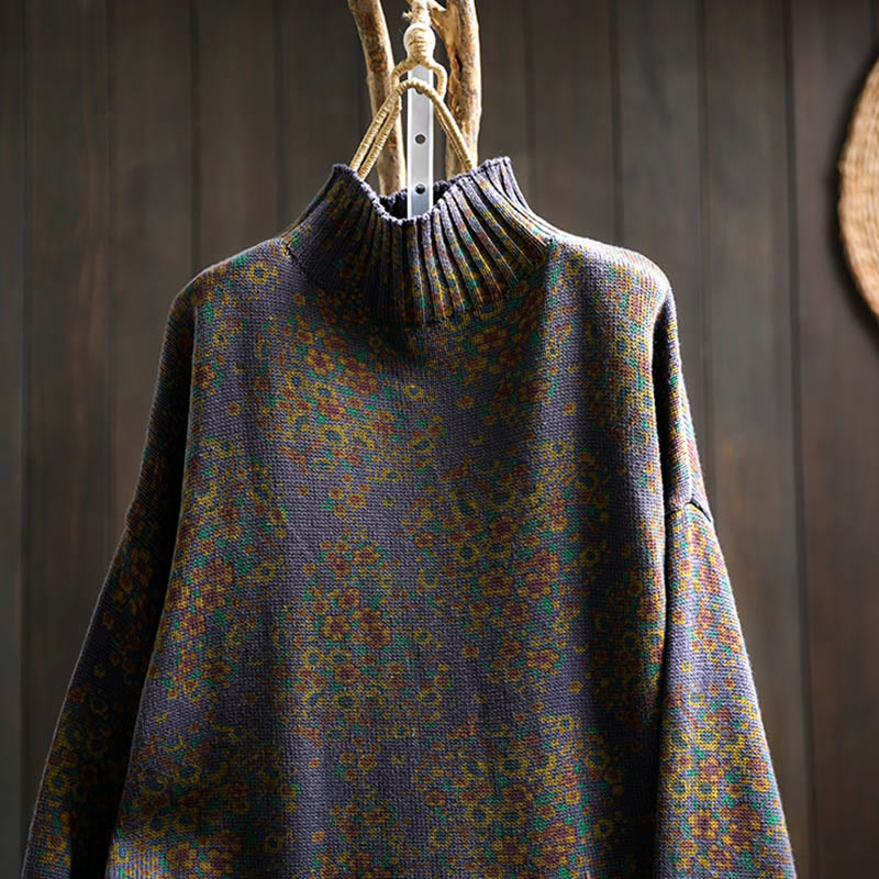 Sweter damski z dzianiny Buddha Stones z kwiatowym wzorem, prążkowanym brzegiem i długim rękawem, z golfem - image 19