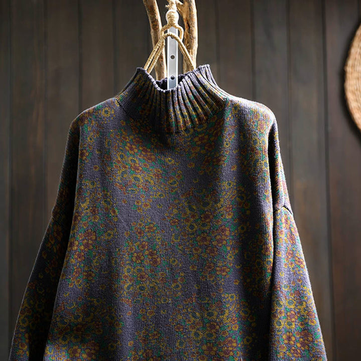 Sweter damski z dzianiny Buddha Stones z kwiatowym wzorem, prążkowanym brzegiem i długim rękawem, z golfem - image 19