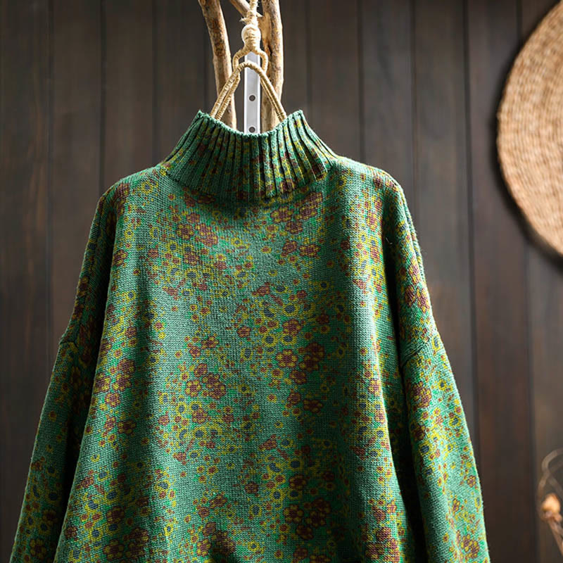 Sweter damski z dzianiny Buddha Stones z kwiatowym wzorem, prążkowanym brzegiem i długim rękawem, z golfem - image 13