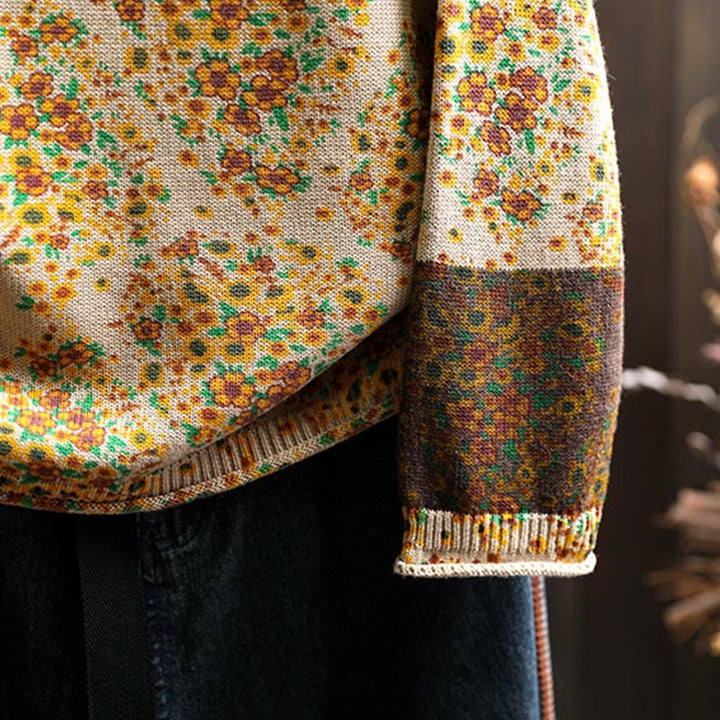 Sweter damski z dzianiny Buddha Stones z kwiatowym wzorem, prążkowanym brzegiem i długim rękawem, z golfem - image 9