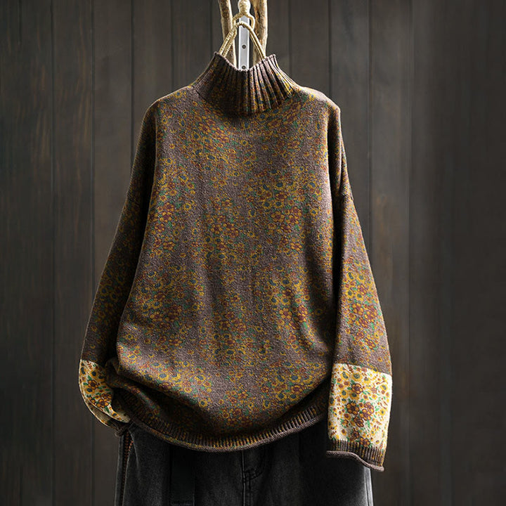 Sweter damski z dzianiny Buddha Stones z kwiatowym wzorem, prążkowanym brzegiem i długim rękawem, z golfem - SaddleBrown - US4-6, UK/AU8-10, EU36-38 (F) - image 14