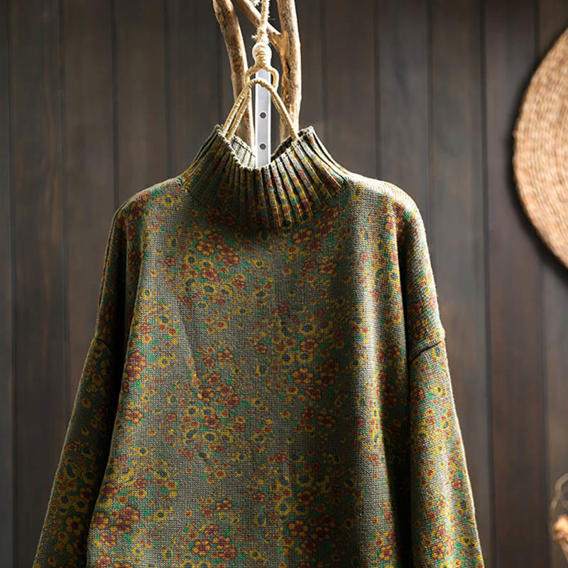 Sweter damski z dzianiny Buddha Stones z kwiatowym wzorem, prążkowanym brzegiem i długim rękawem, z golfem - image 21