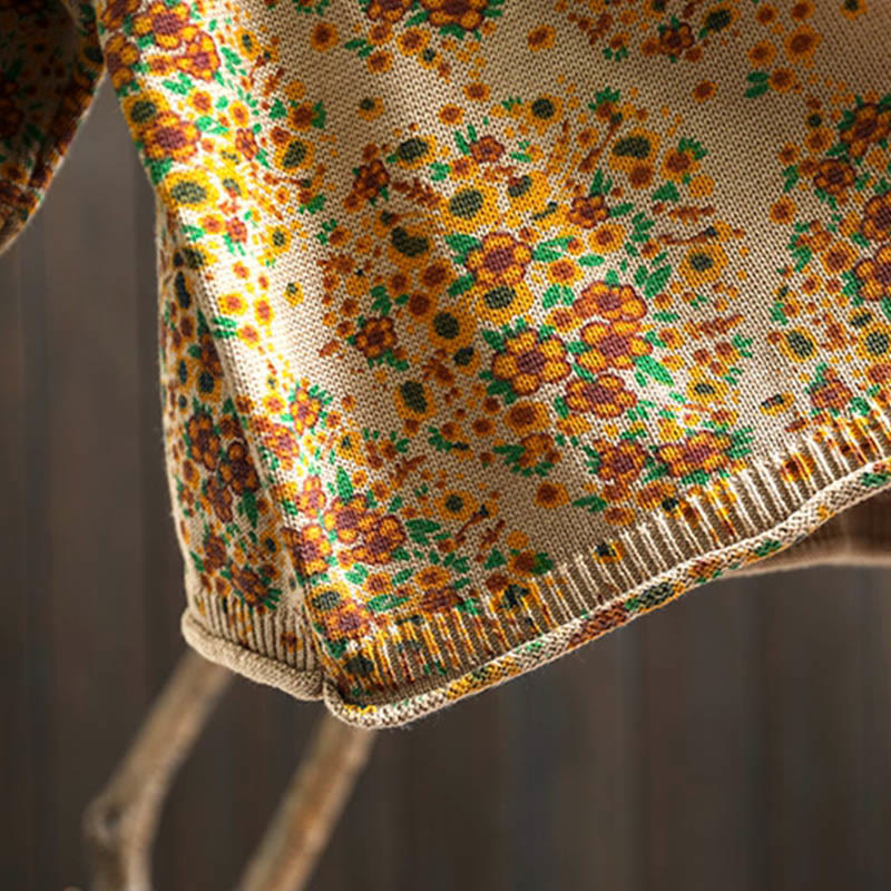 Sweter damski z dzianiny Buddha Stones z kwiatowym wzorem, prążkowanym brzegiem i długim rękawem, z golfem - image 10