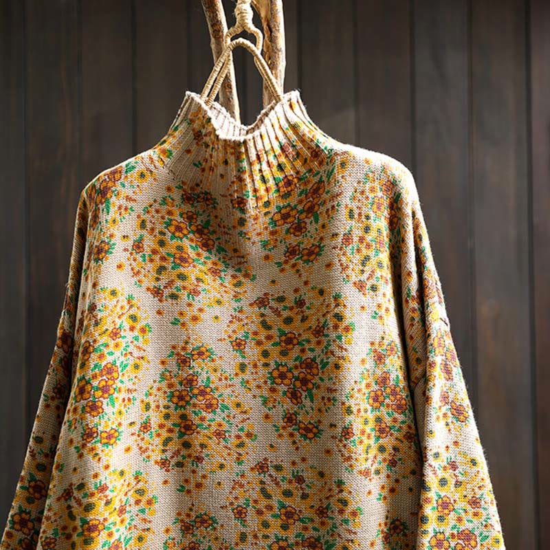 Sweter damski z dzianiny Buddha Stones z kwiatowym wzorem, prążkowanym brzegiem i długim rękawem, z golfem - image 2