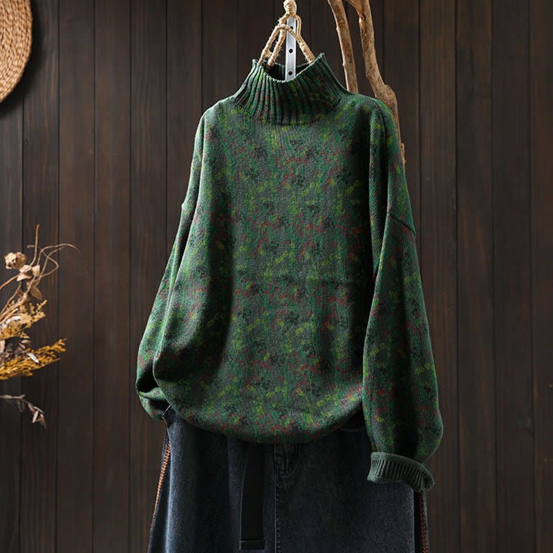 Sweter damski z dzianiny bawełnianej z długim rękawem i golfem, z motywem roślinnym i kamieniami Buddha Stones - Ciemnozielony - US4-6, UK/AU8-10, EU36-38 (F) - image 4