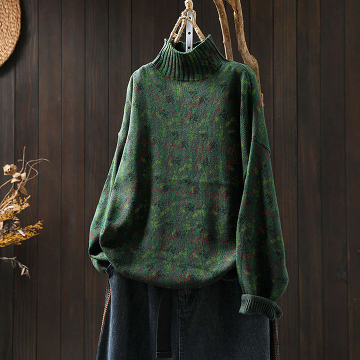 Sweter damski z dzianiny bawełnianej z długim rękawem i golfem, z motywem roślinnym i kamieniami Buddha Stones - Ciemnozielony - US4-6, UK/AU8-10, EU36-38 (F) - image 4
