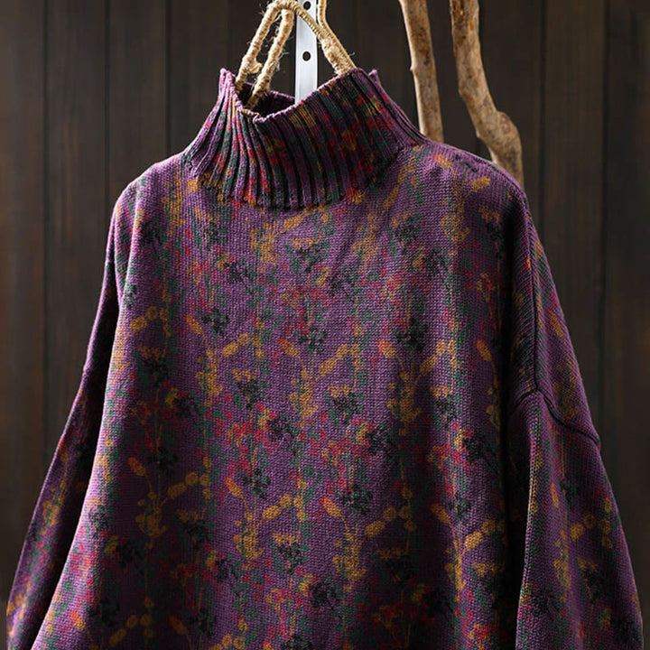 Sweter damski z dzianiny bawełnianej z długim rękawem i golfem, z motywem roślinnym i kamieniami Buddha Stones - image 8