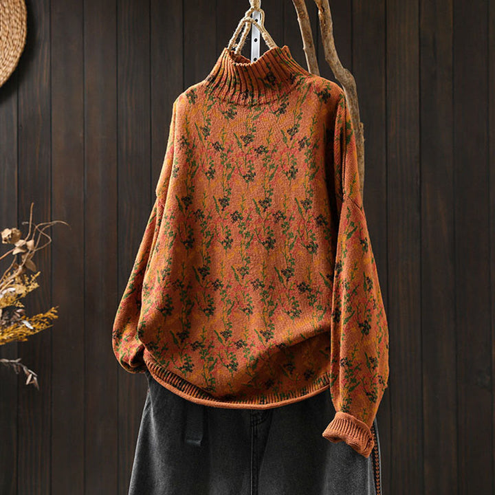Sweter damski z dzianiny bawełnianej z długim rękawem i golfem, z motywem roślinnym i kamieniami Buddha Stones - Ciemnopomarańczowy - US4-6, UK/AU8-10, EU36-38 (F) - image 2
