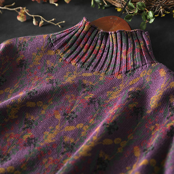 Sweter damski z dzianiny bawełnianej z długim rękawem i golfem, z motywem roślinnym i kamieniami Buddha Stones - image 10