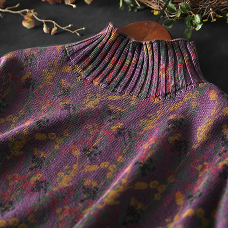 Sweter damski z dzianiny bawełnianej z długim rękawem i golfem, z motywem roślinnym i kamieniami Buddha Stones - image 10