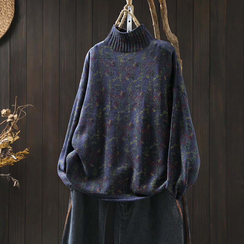 Sweter damski z dzianiny bawełnianej z długim rękawem i golfem, z motywem roślinnym i kamieniami Buddha Stones - DarkSlateBlue - US4-6, UK/AU8-10, EU36-38 (F) - image 18