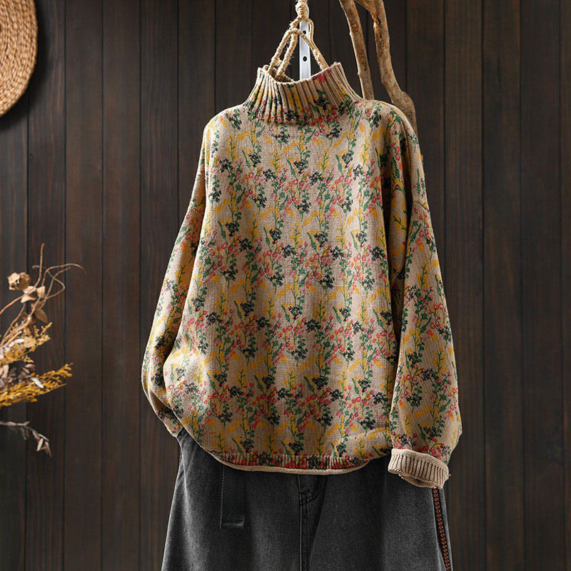 Sweter damski z dzianiny bawełnianej z długim rękawem i golfem, z motywem roślinnym i kamieniami Buddha Stones - BurlyWood - US4-6, UK/AU8-10, EU36-38 (F) - image 0