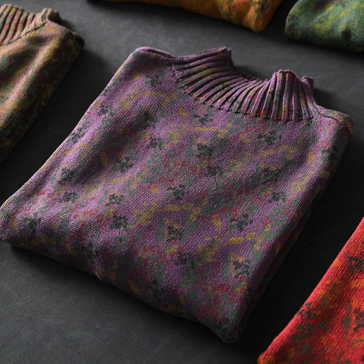 Sweter damski z dzianiny bawełnianej z długim rękawem i golfem, z motywem roślinnym i kamieniami Buddha Stones - image 16