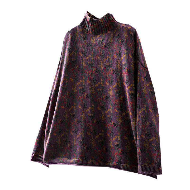 Sweter damski z dzianiny bawełnianej z długim rękawem i golfem, z motywem roślinnym i kamieniami Buddha Stones - image 17