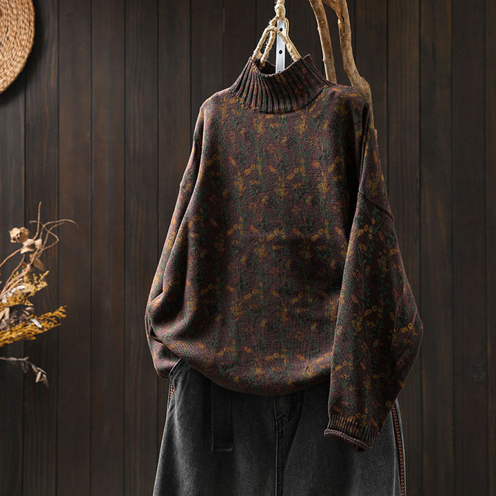 Sweter damski z dzianiny bawełnianej z długim rękawem i golfem, z motywem roślinnym i kamieniami Buddha Stones - SaddleBrown - US4-6, UK/AU8-10, EU36-38 (F) - image 22