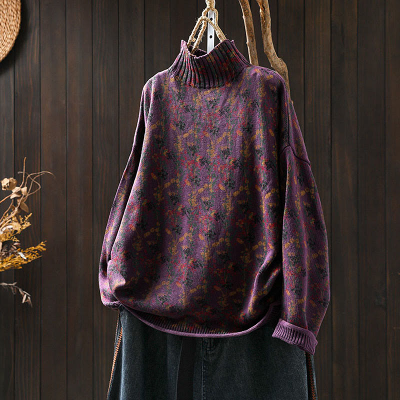 Sweter damski z dzianiny bawełnianej z długim rękawem i golfem, z motywem roślinnym i kamieniami Buddha Stones - Ciemna Magenta - US4-6, UK/AU8-10, EU36-38 (F) - image 6
